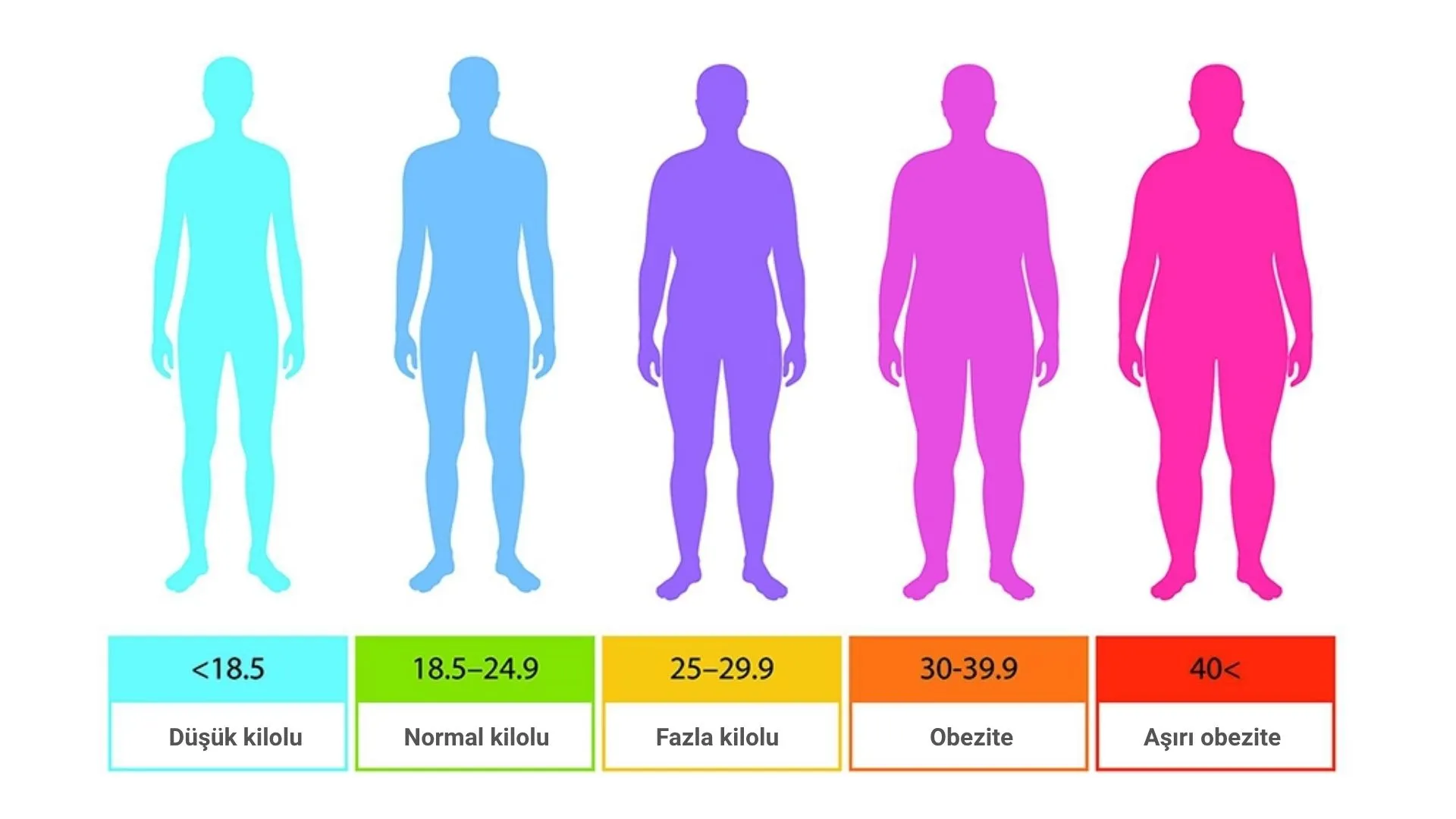 Vücut Kitle İndeksi (VKİ) sınıflandırması: düşük kilolu, normal kilolu, fazla kilolu, obezite ve aşırı obeziteyi gösteren renkli silüet görseli.